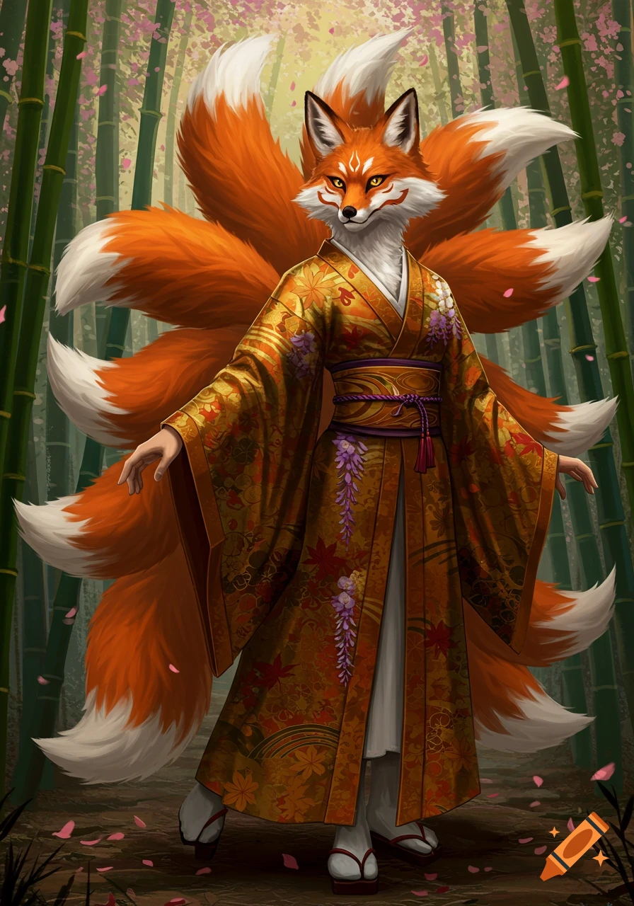 A humanized kitsune in an ornate golden kimono stands in a bamboo forest with falling pink petals, detailed digital illustration.