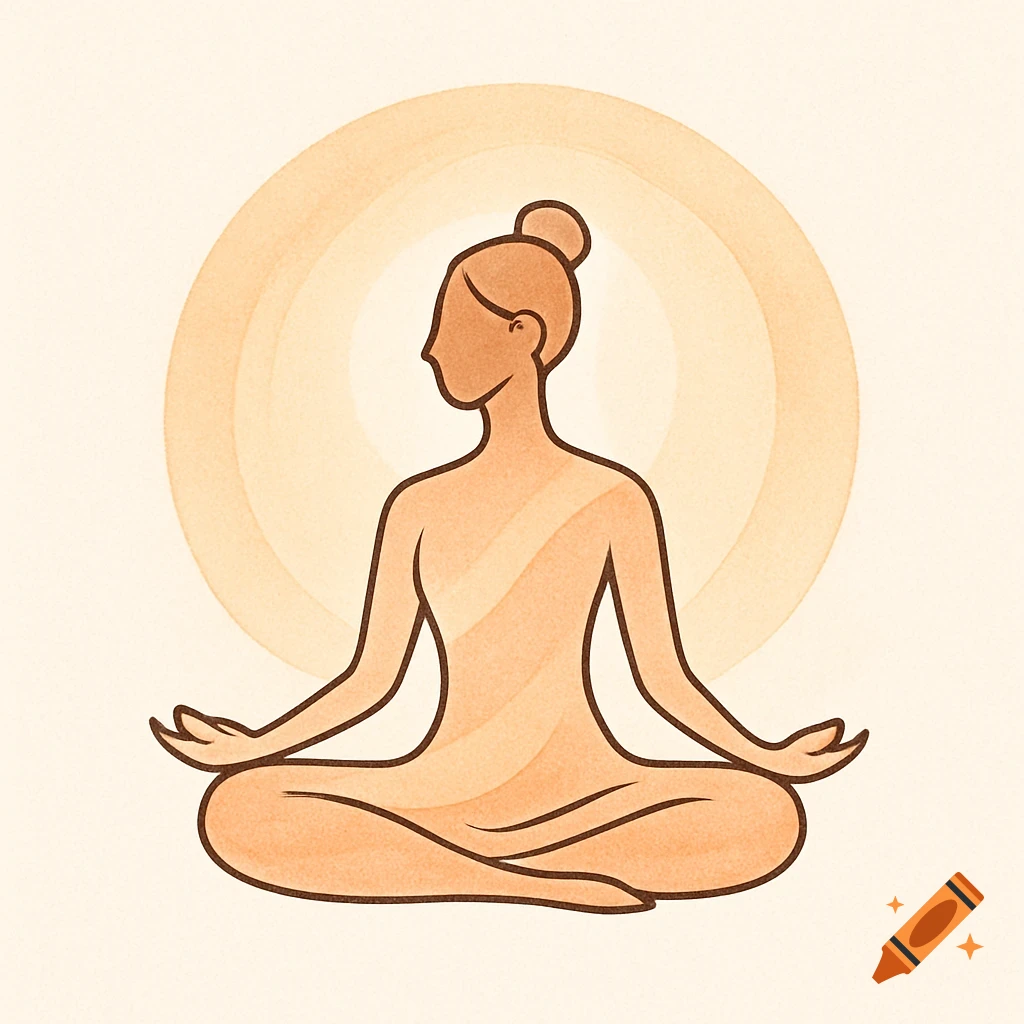 Minimalist digital illustration of a person meditating in a lotus position against a background of concentric orange circles.