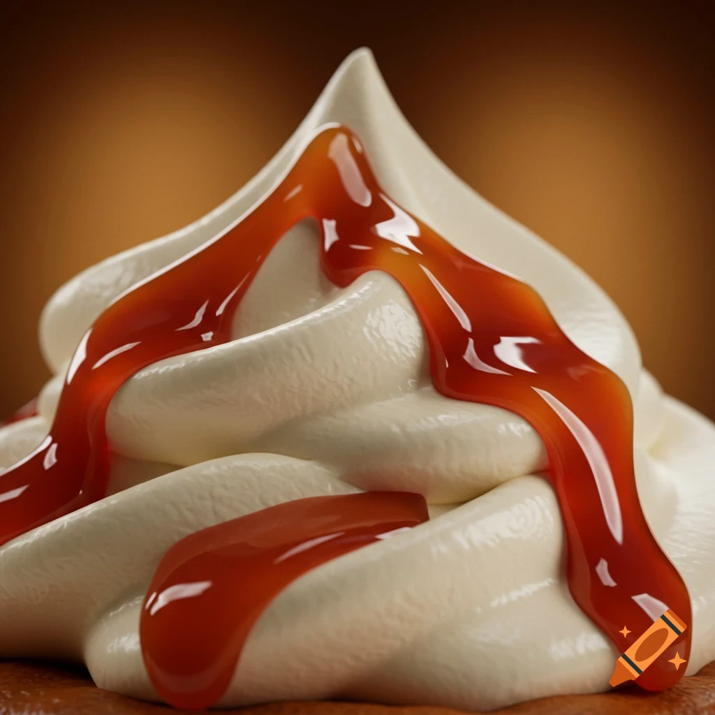 Close-up of swirled white whipped cream generously drizzled with shiny, reddish-orange caramel sauce on a warm brown background, photorealistic.