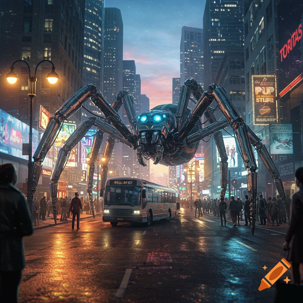 A giant mechanical spider with glowing blue eyes looms over a busy city street with people, a bus, and skyscrapers at dusk. The street is wet and reflective.