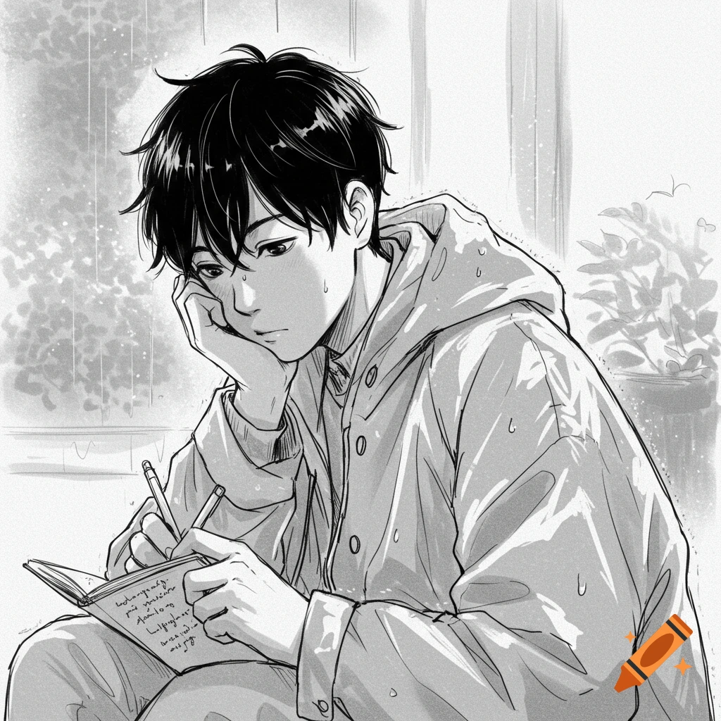 A black and white sketch art of a teenage boy with dark hair in a raincoat, thoughtfully writing in a notebook.