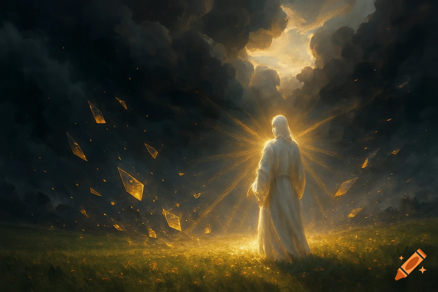 A glowing figure in white robes stands in a golden field under a dramatic dark sky with light breaking through, golden shards floating.