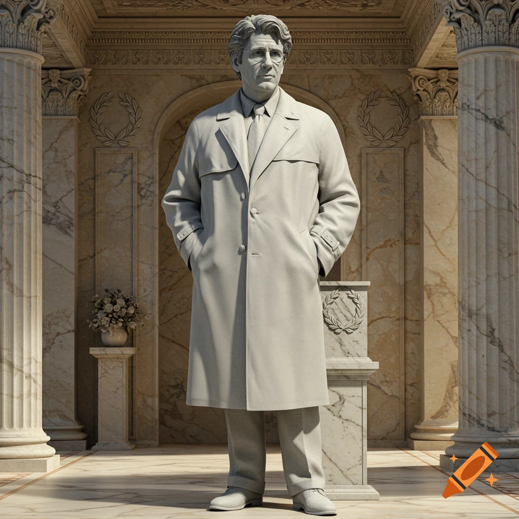 A photorealistic statue of a man resembling Lieutenant Columbo, wearing a trench coat, stands in a classical marble hall.