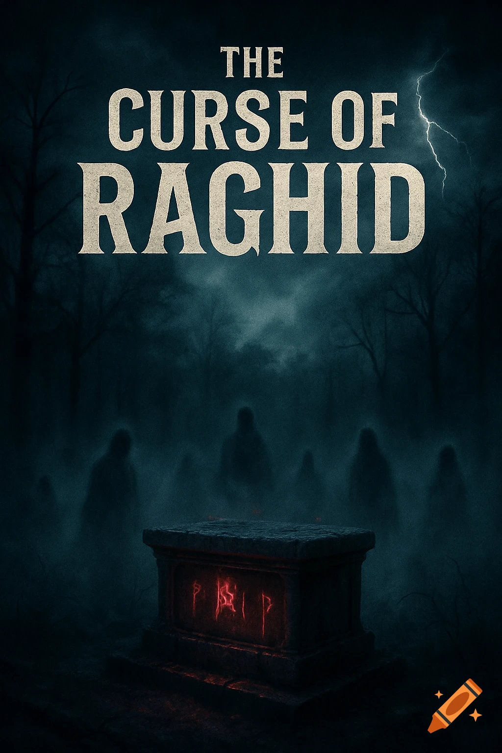A dark horror movie poster for 'The Curse of Raghid' showing a glowing coffin in a foggy graveyard surrounded by ghostly figures and lightning.