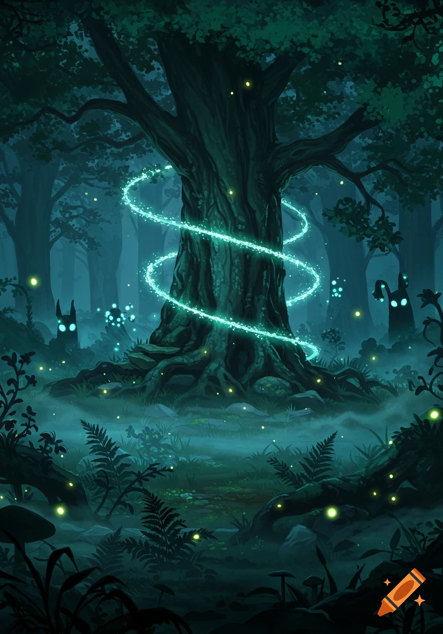 Dark, mystical forest digital painting with a large glowing tree, fog, and shadowy creatures with bright eyes.