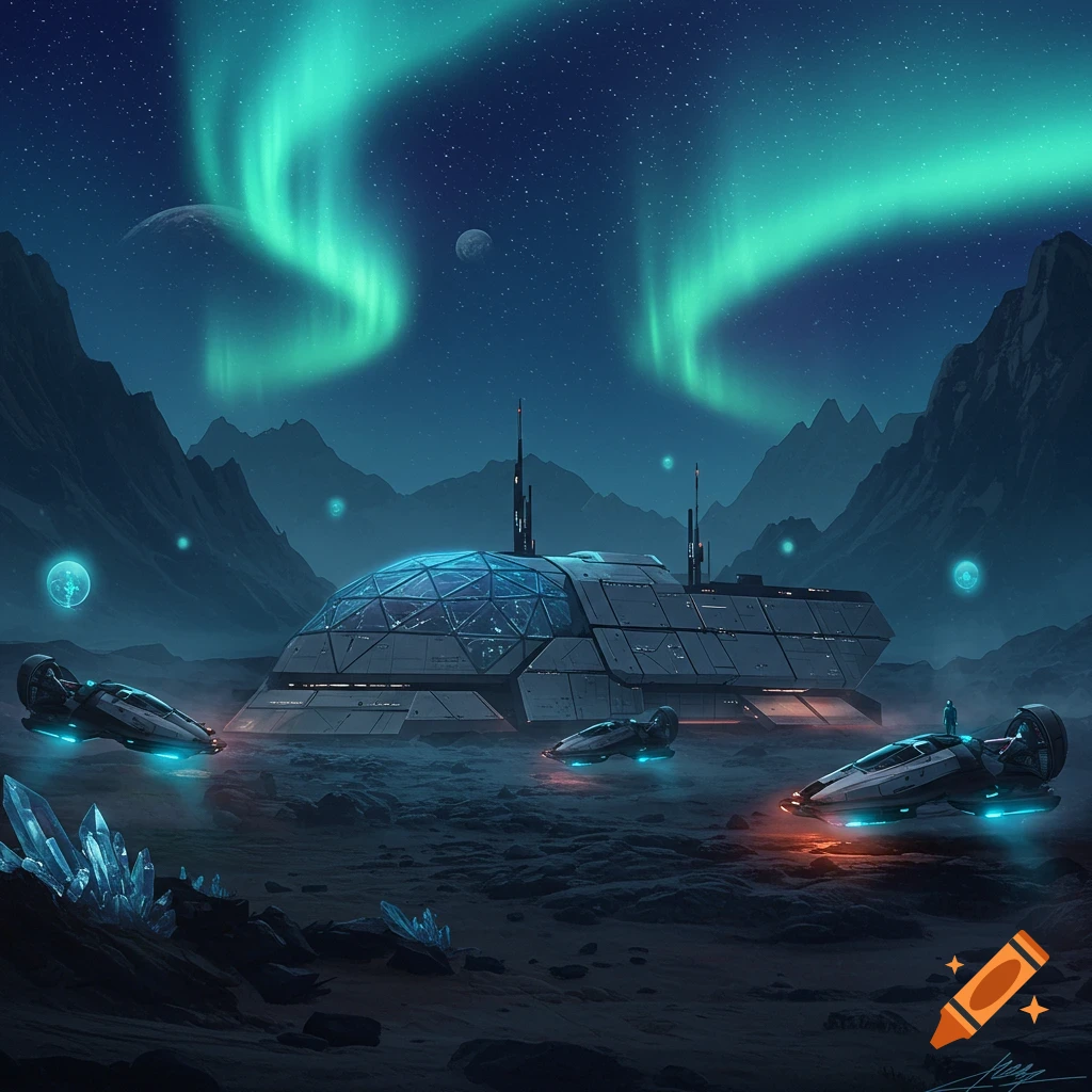 Futuristic space base on an alien planet under a vibrant aurora, with glowing crystals and sci-fi ships.