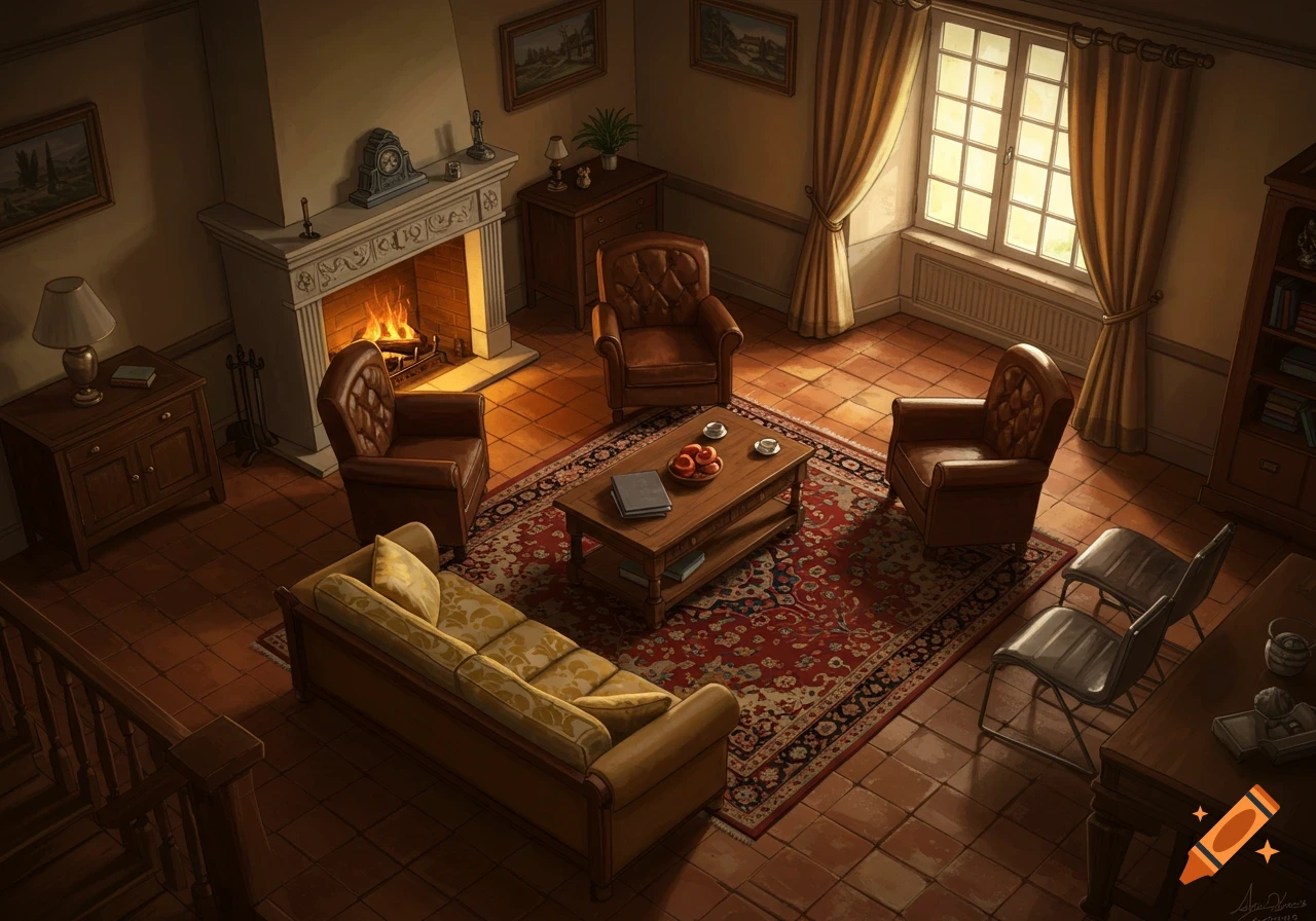 Top-down view of a cozy classic living room with a fireplace, sofa, armchairs, coffee table, and oriental rug.
