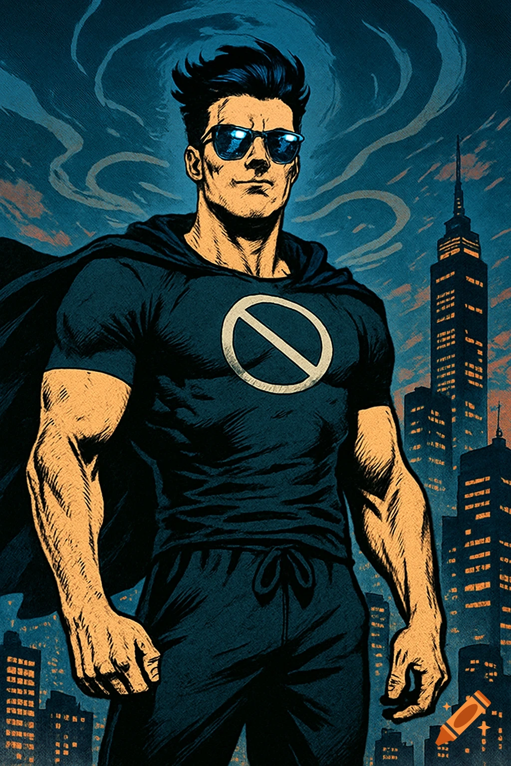 A confident male superhero in sunglasses, black shirt with a 'no entry' symbol, and a cape, against a city night skyline in comic art.