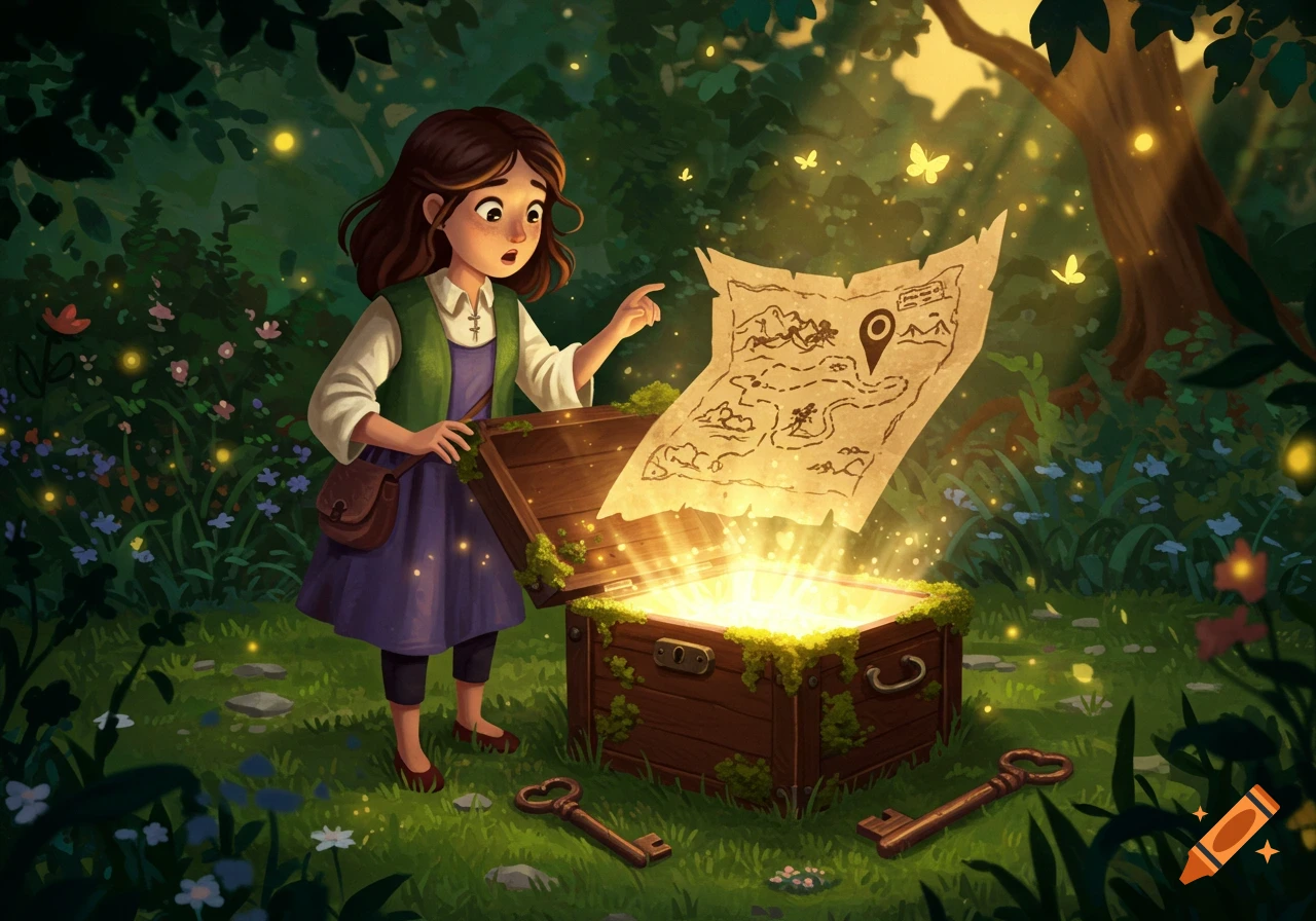 A wide-eyed girl in a forest opens a glowing treasure chest from which a magical map floats, with keys on the grass. Illustration.