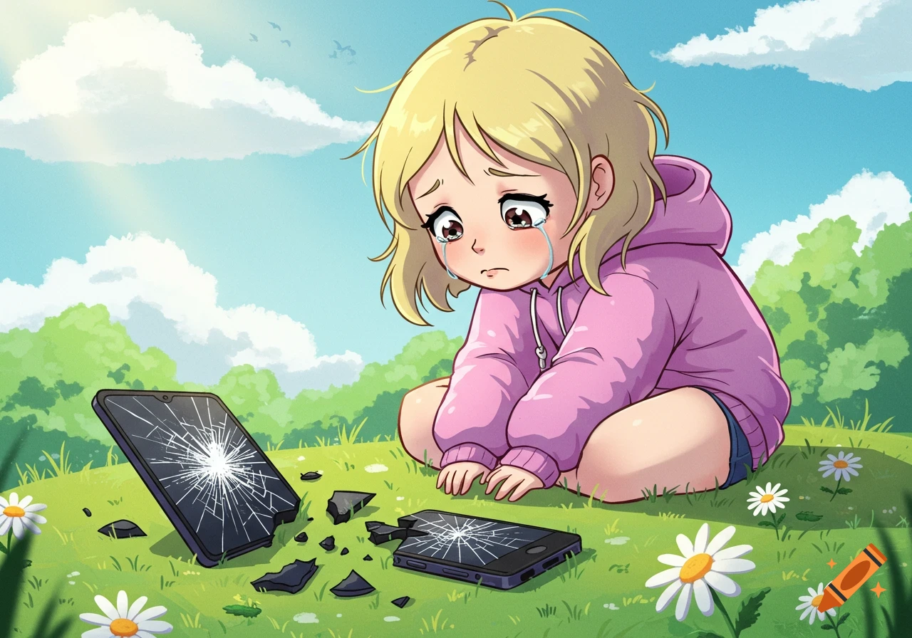 A crying cartoon girl with blonde hair sits on grass next to a broken phone and tablet, under a blue sky with clouds.