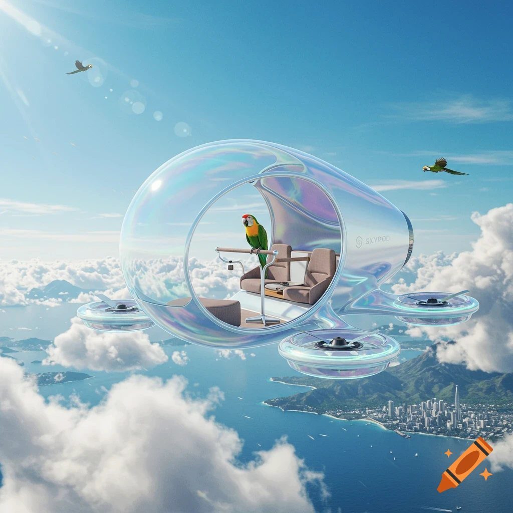 A clear, iridescent SkyPod with a green parrot inside flies over a tropical ocean and clouds with two other parrots.