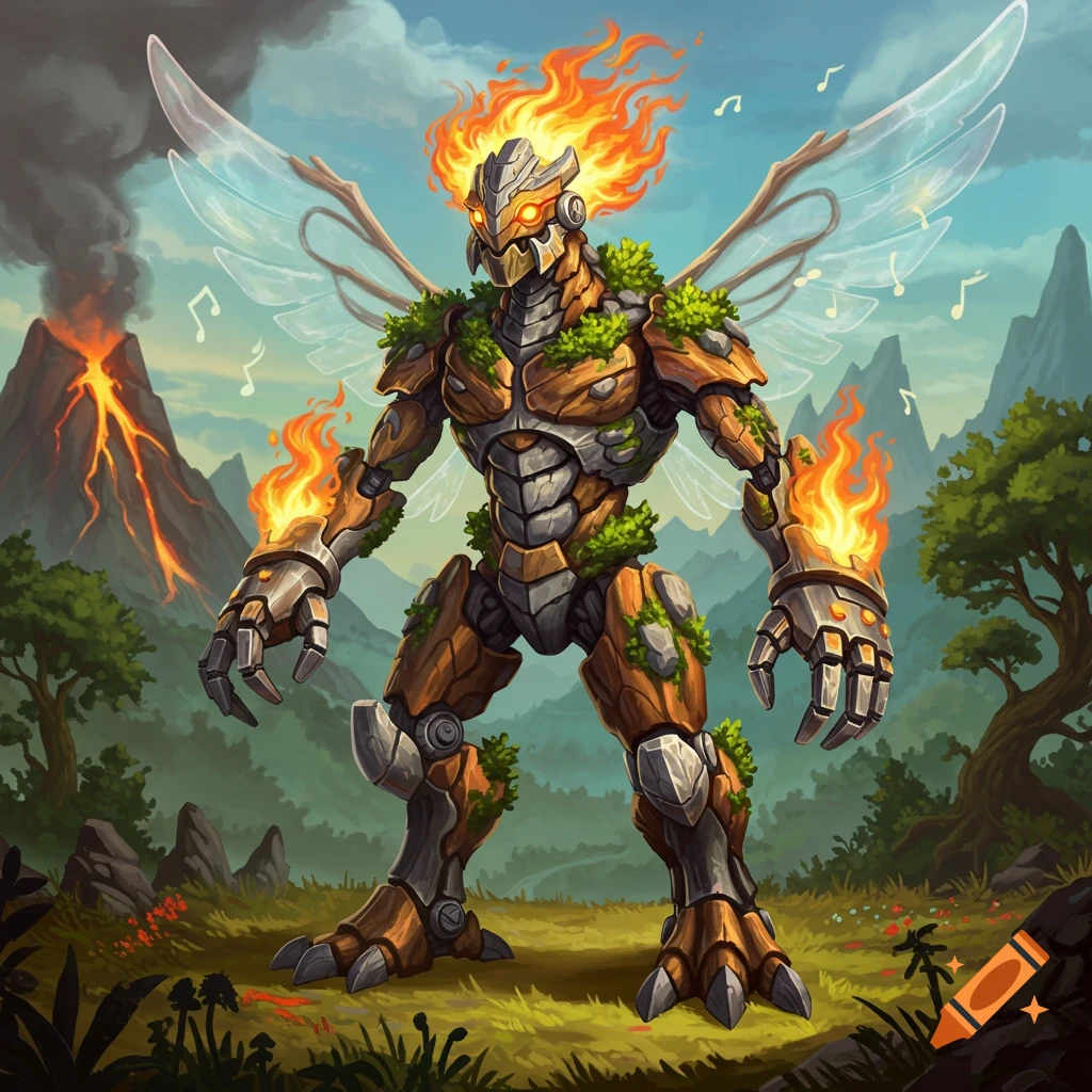 An armored fire-mech-earth-air monster with fiery head, fists, moss, and transparent wings in a lush landscape with a volcano.
