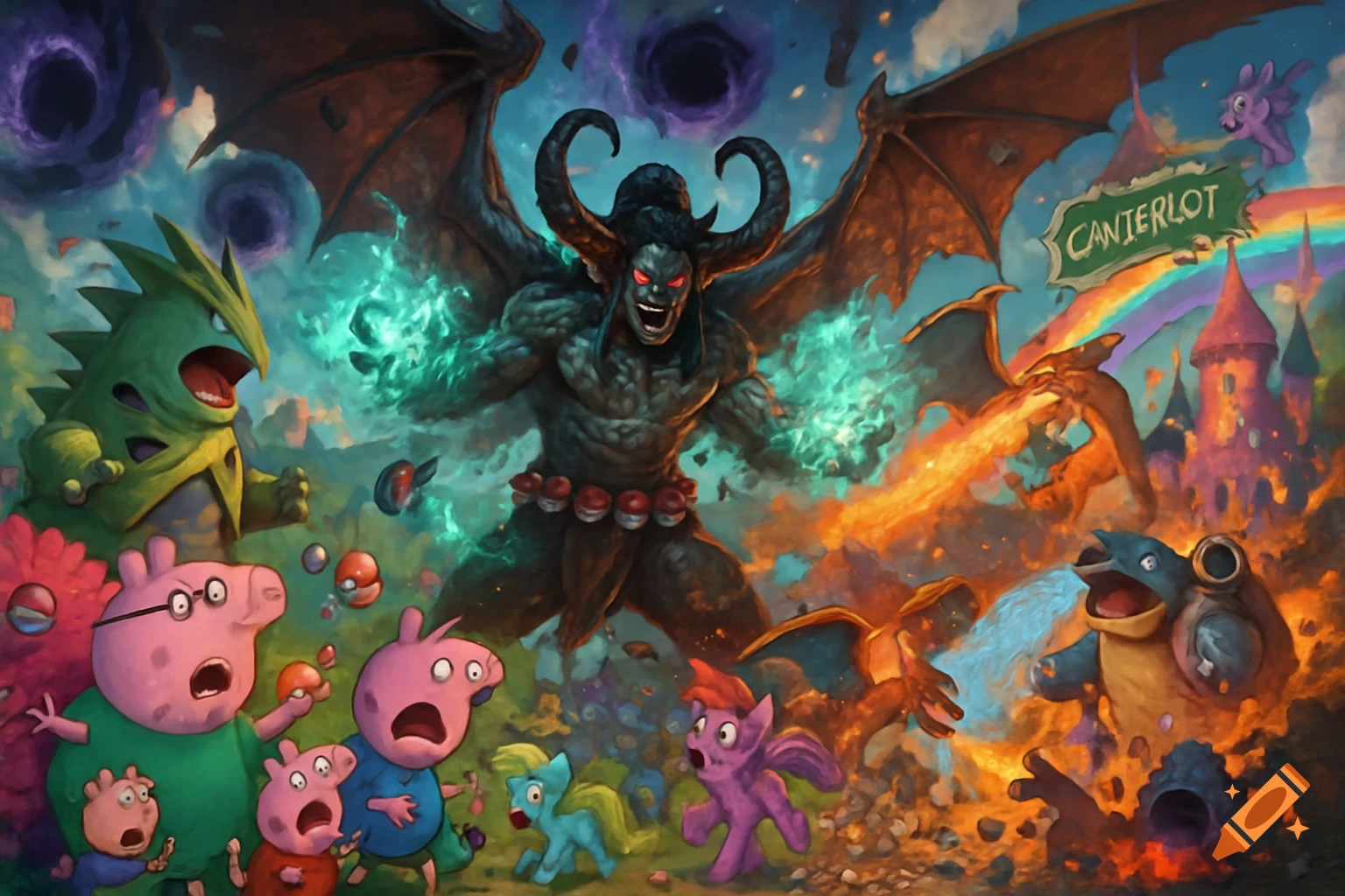 A chaotic fantasy crossover scene with Illidan, Pokemon, My Little Pony, and Peppa Pig characters in a battle-torn landscape.