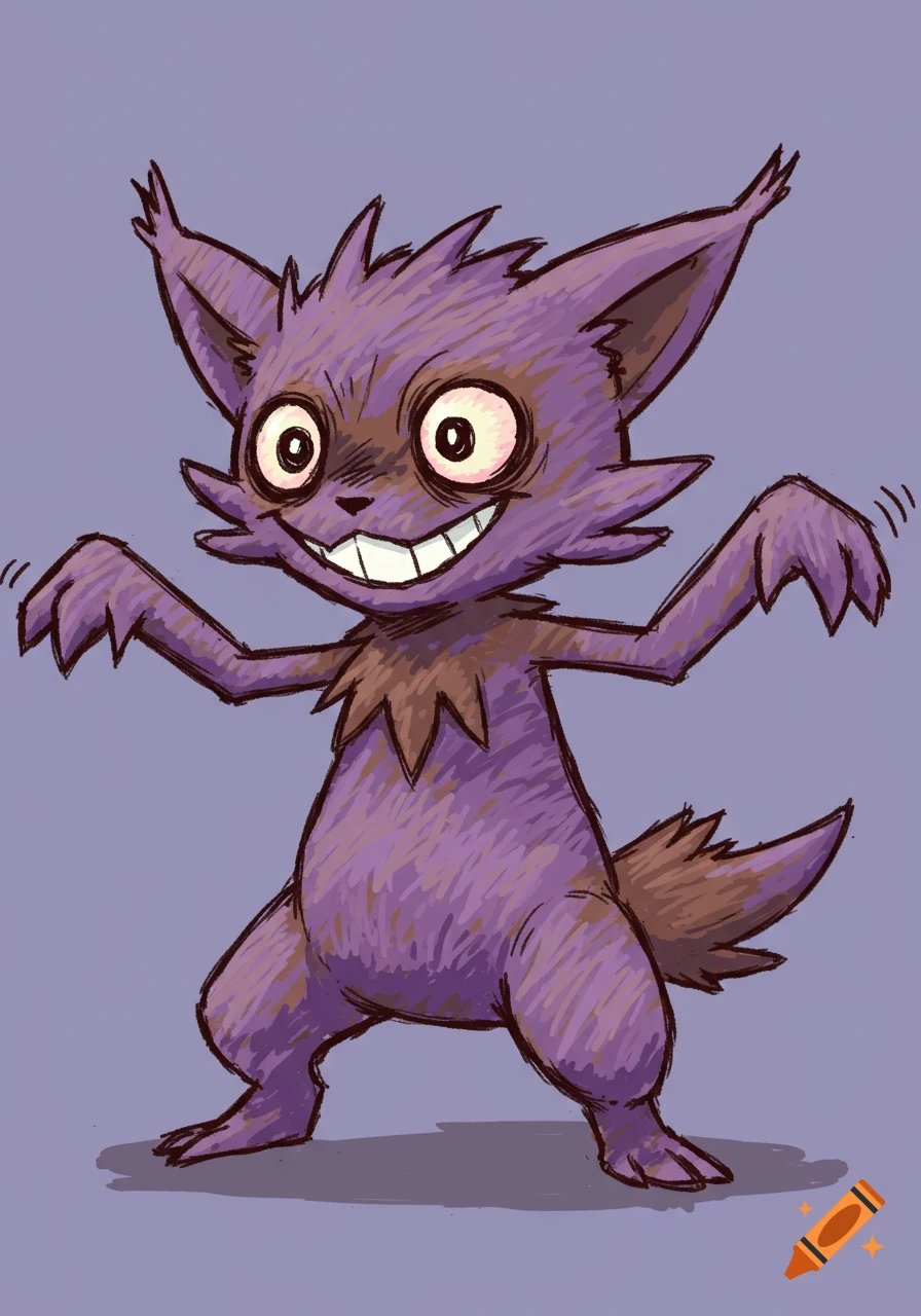 A purple, cat-like Sneasler Pokmon with wide eyes and a big grin, in a crude, MS Paint style drawing.