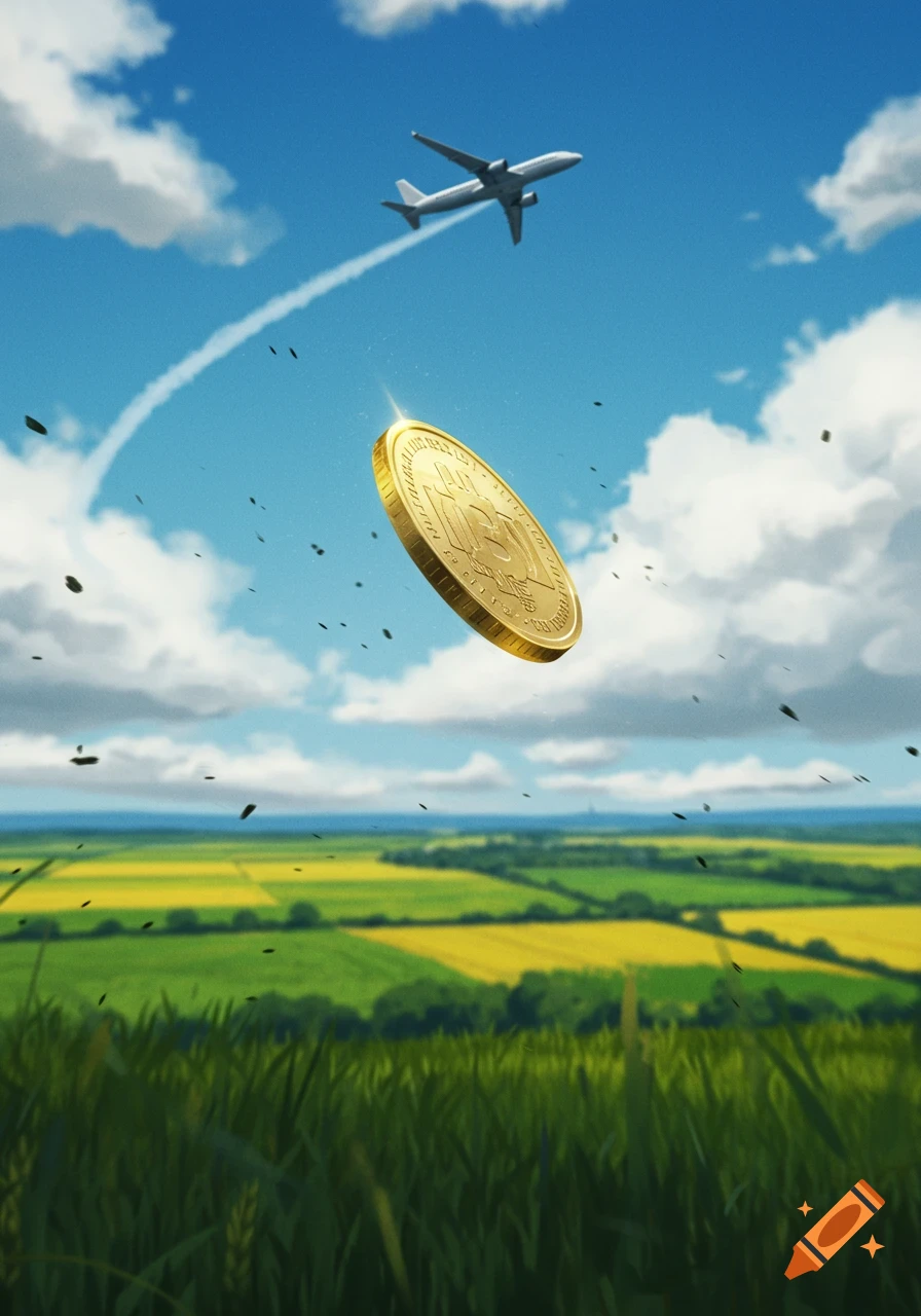 A golden coin falls from an airplane flying through a blue sky with white clouds over green and yellow fields, illustration.