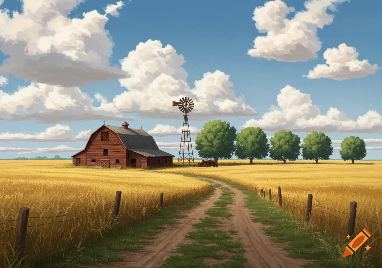 Painting of a red barn and windmill in a golden wheat field under a blue sky with fluffy clouds.