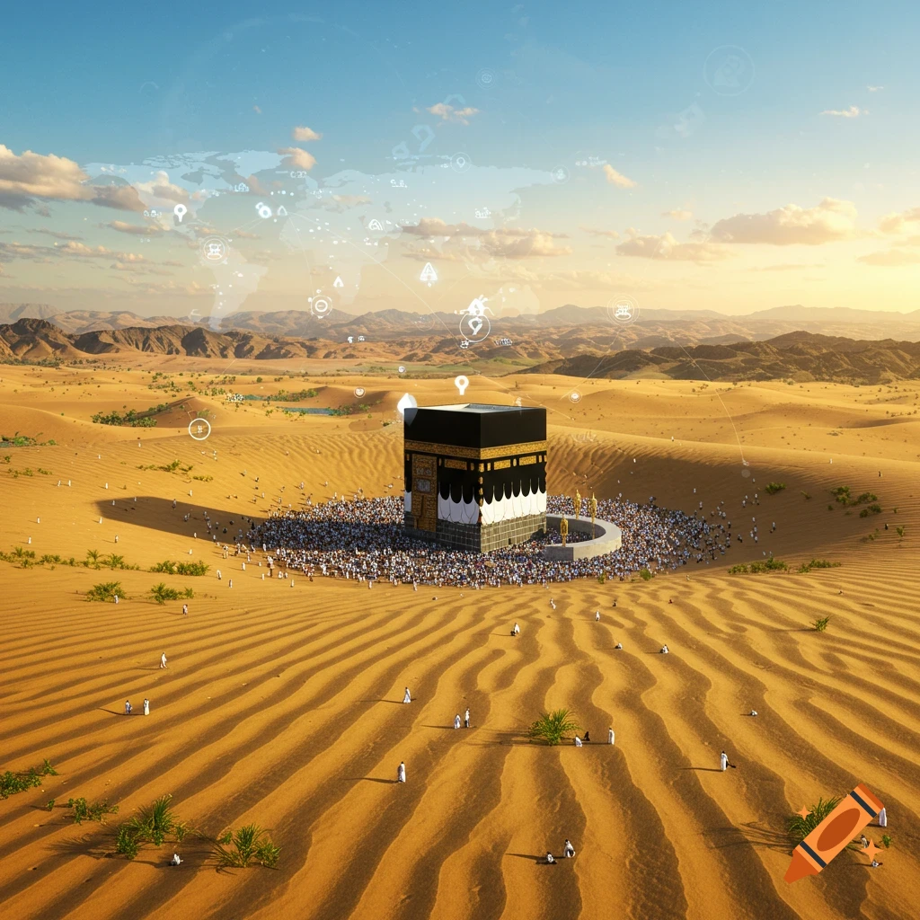The Kaaba surrounded by pilgrims in a vast desert landscape under a clear sky with digital connectivity icons.