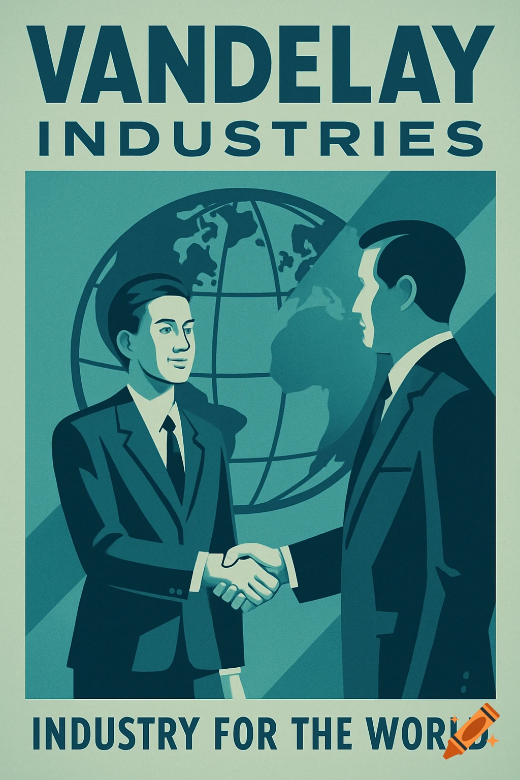 Retro poster for Vandelay Industries: two businessmen shake hands before a globe, in teal and blue vector illustration style.