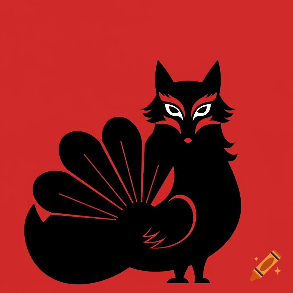 A minimalist black vector illustration of a chimera with a fox head and a peacock-like tail on a red background.