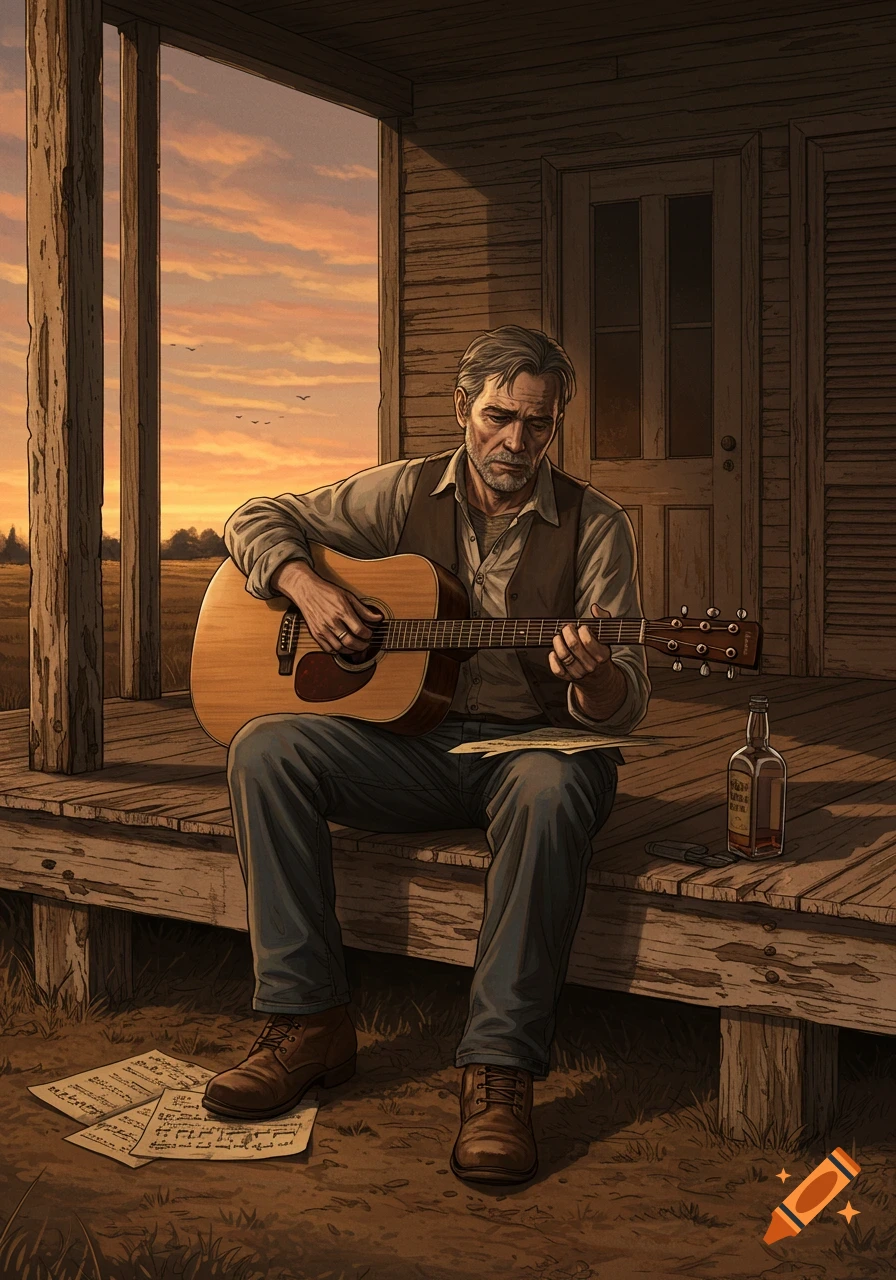 A sad, gray-haired man sits on a rustic porch at sunset, playing an acoustic guitar. Music sheets and a bottle are on the weathered wood.
