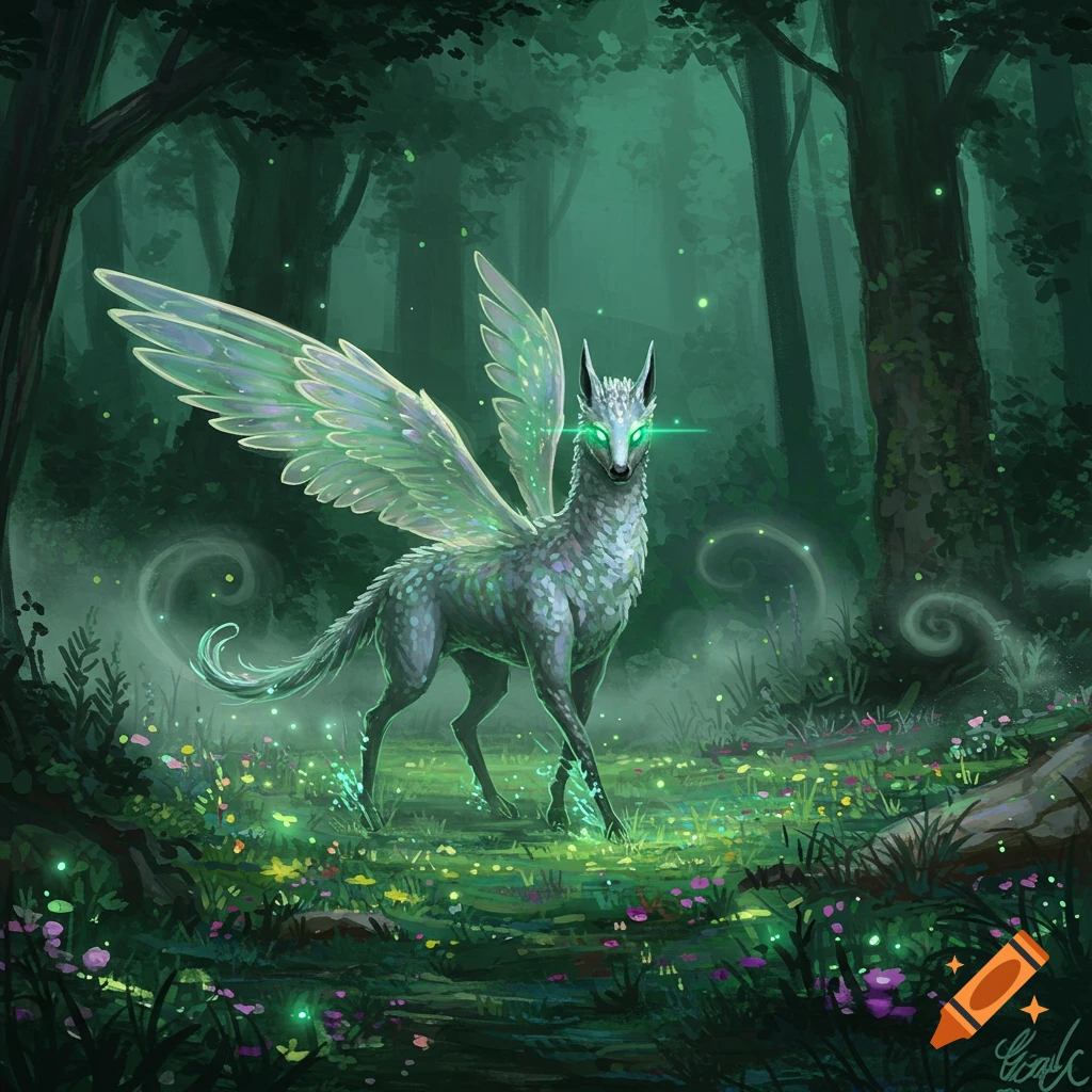 Luminous, winged deer-like creature with glowing eyes stands in a dark, magical forest filled with glowing plants.