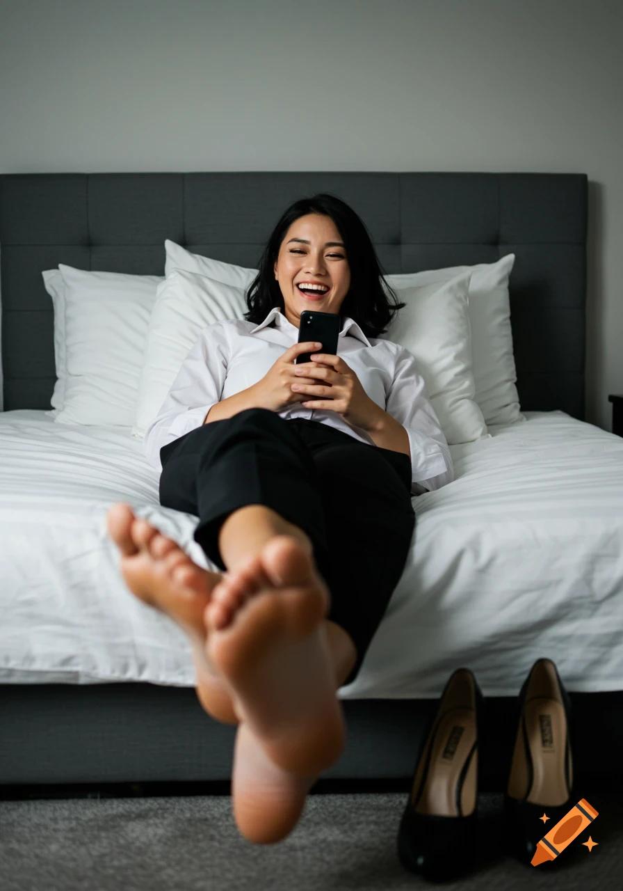 A laughing woman in a white shirt and black pants lies on a bed, looking at her phone, with her bare soles in the foreground.