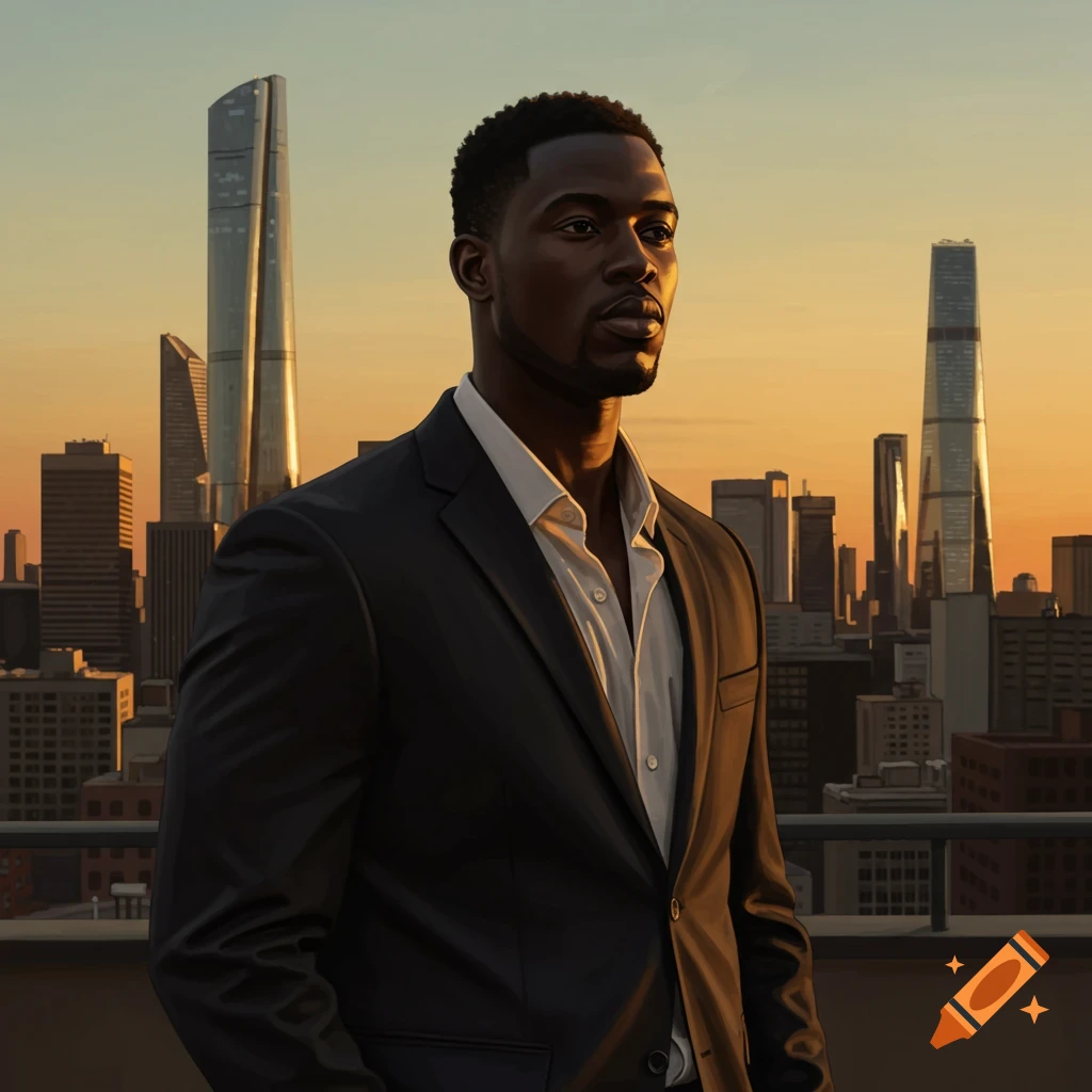 A serious black man in a dark suit stands on a rooftop with a city skyline at sunset in the background.