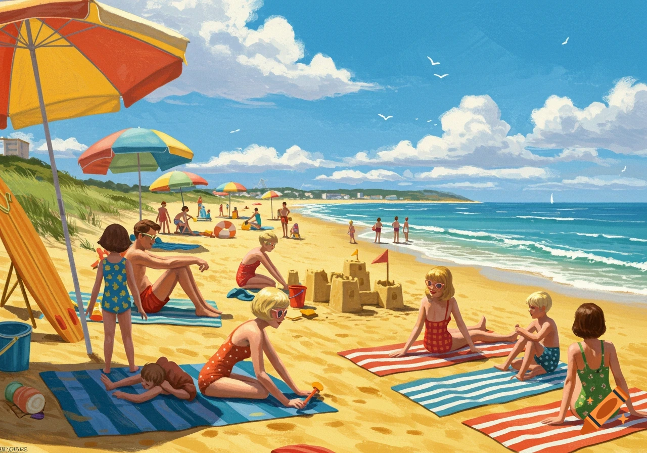 A vibrant 60s retro illustration of a busy beach scene with people swimming, sunbathing, and building sandcastles under a sunny sky.