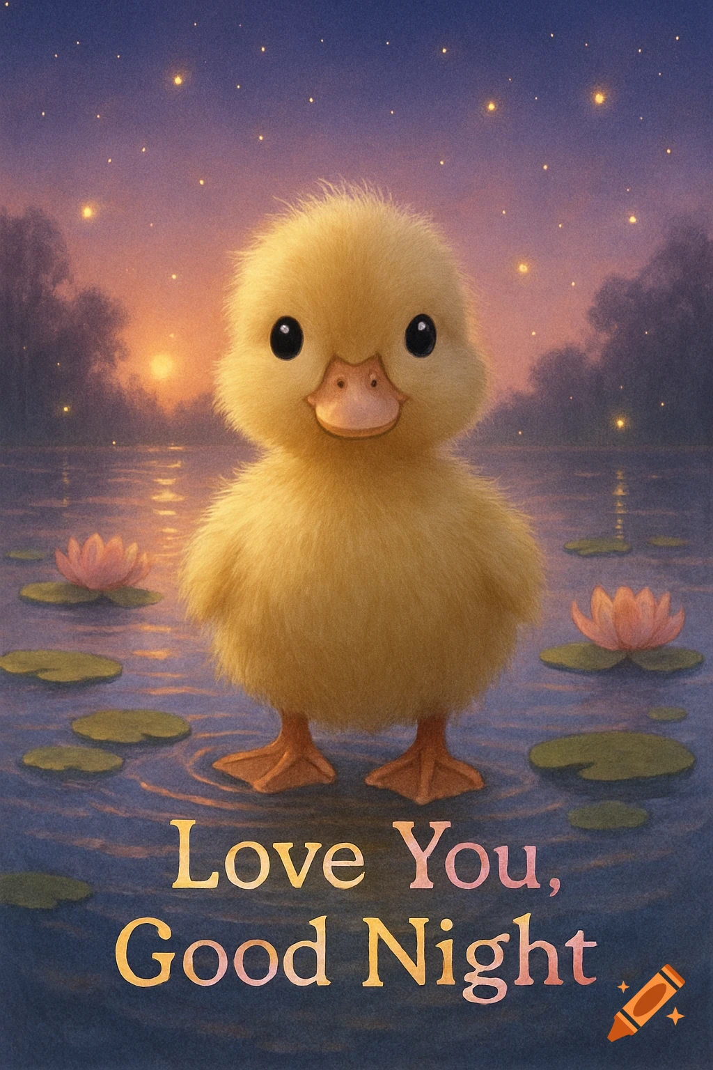 A fluffy yellow duckling stands in a calm pond with pink water lilies at sunset, with the text 'Love You, Good Night'.