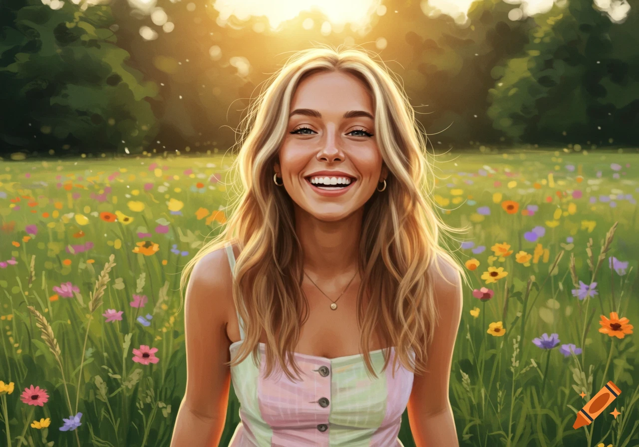 Smiling young woman with long blonde hair in a sunny wildflower field, depicted in a painterly style.