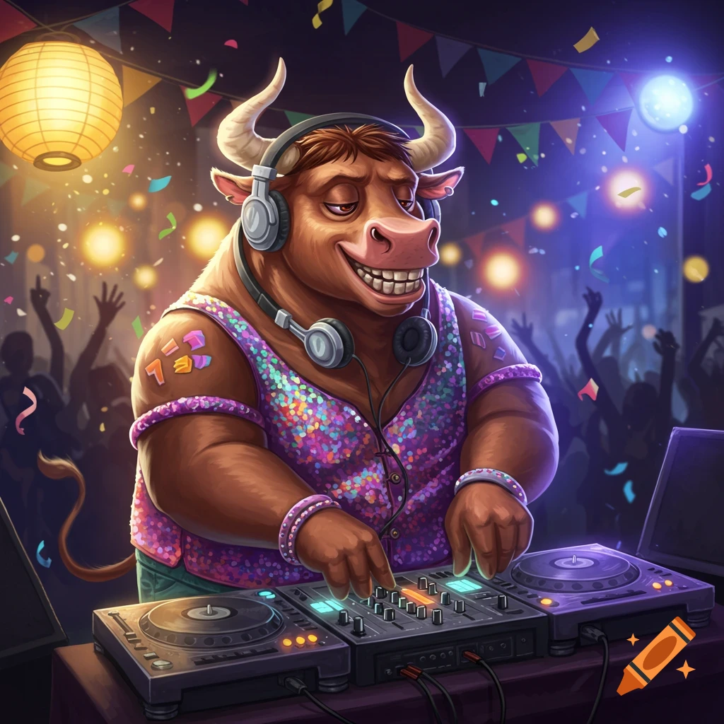 A smiling cartoon bull wearing headphones DJs at a festive party, mixing tracks on turntables with confetti falling.