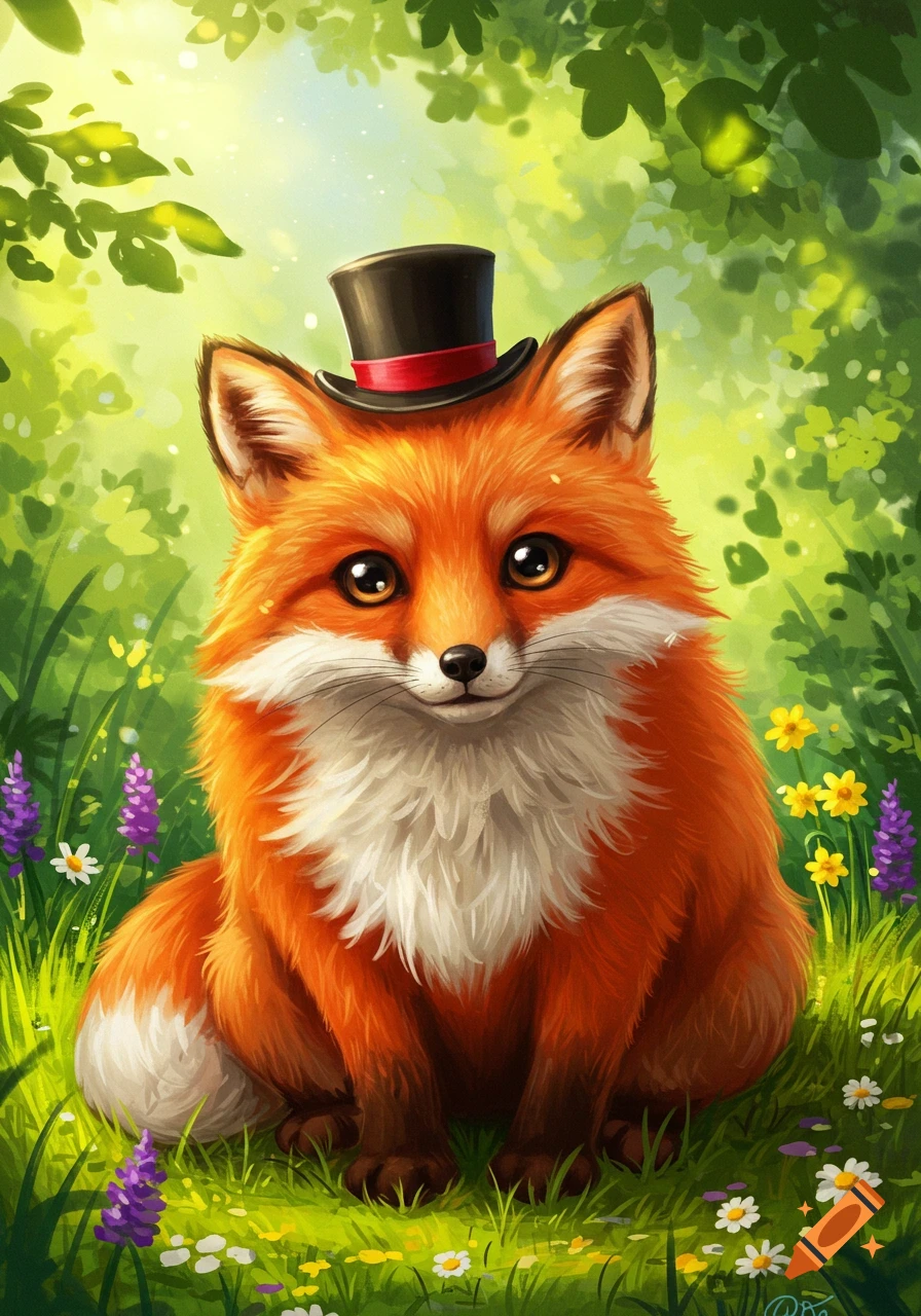 A cute red fox wearing a black top hat with a red band, sitting in a vibrant green forest meadow with flowers, illustration.