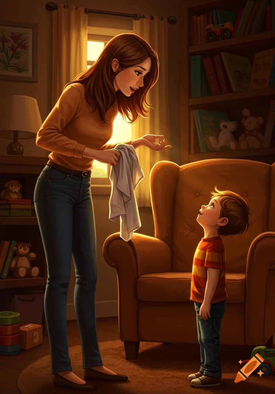 An illustrated mother holding a T-shirt and talking to her young son in a warm, sunlit room.
