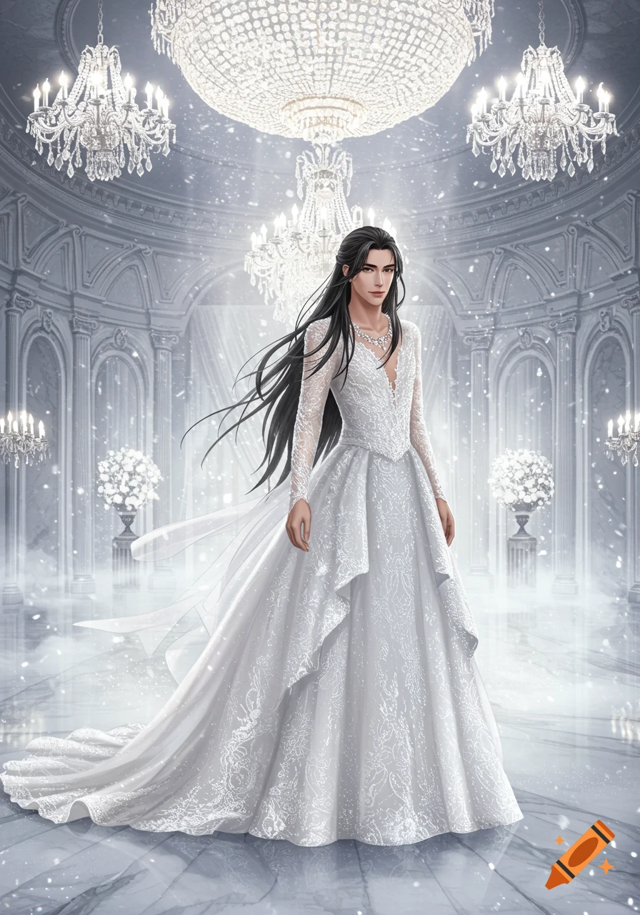 Elegant Asian man in a white wedding dress in a grand, chandelier-lit ballroom with falling snow, digital art.