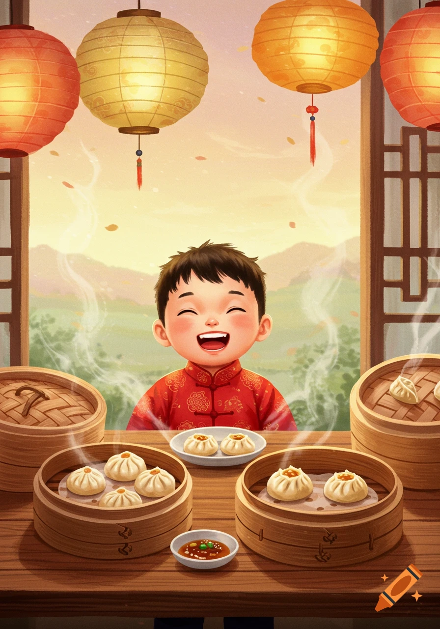 A happy Chinese child in traditional attire sits at a table with steaming dumplings and a dipping sauce, under glowing paper lanterns, with a misty landscape in the background, illustration.