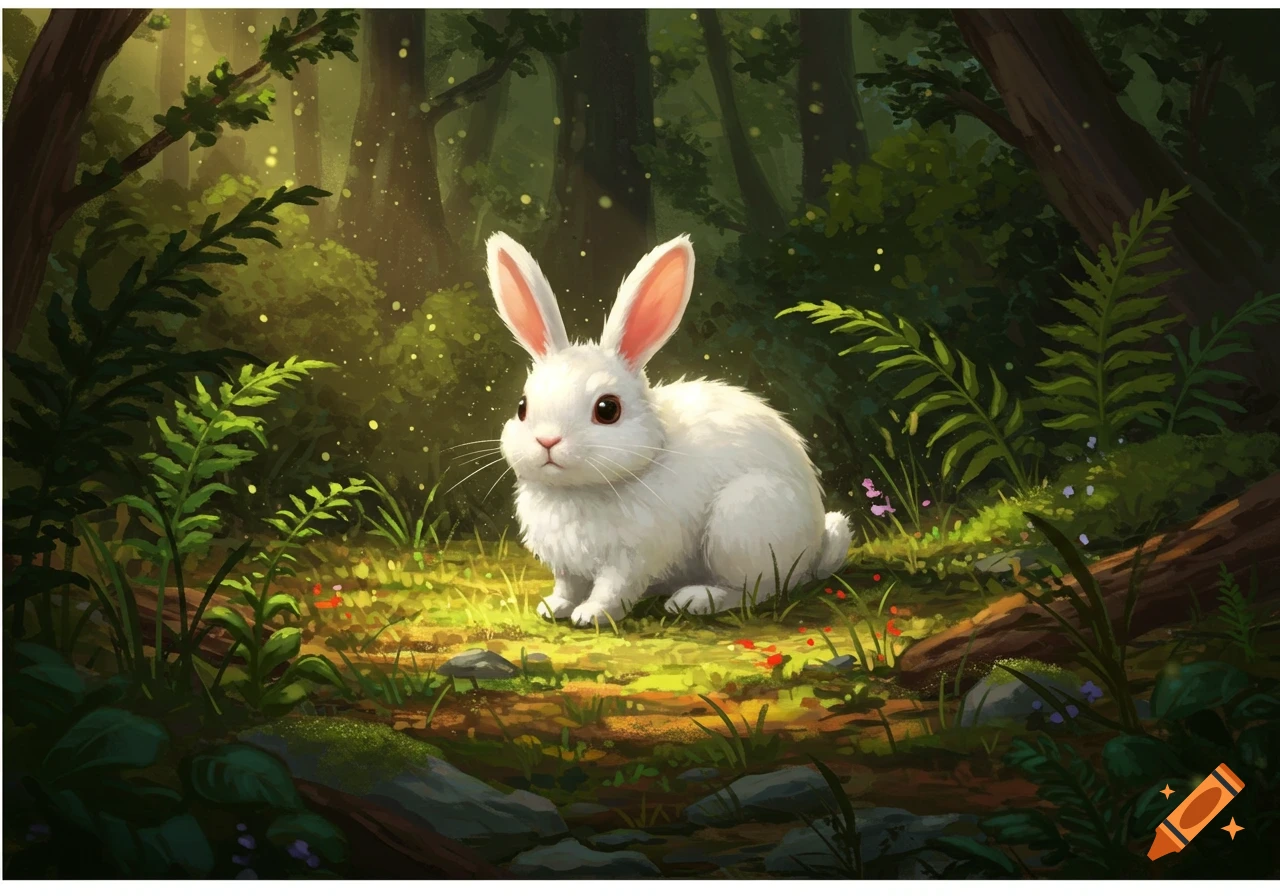A fluffy white rabbit with pink ears sits in a lush, sun-dappled forest, rendered in an illustrative style.