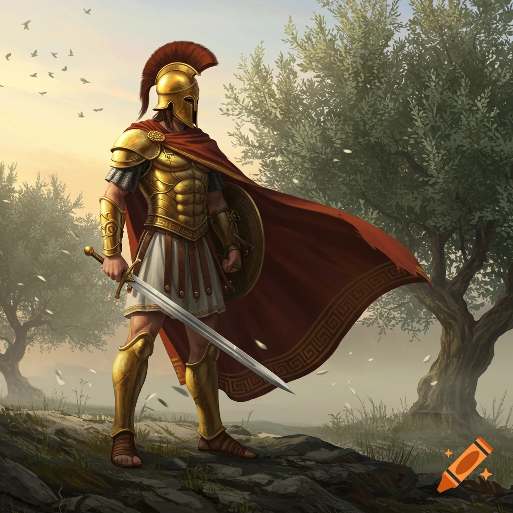 A warrior in golden Greek-style armor and plumed helmet, with a red cloak and sword, stands in a misty landscape with olive trees.