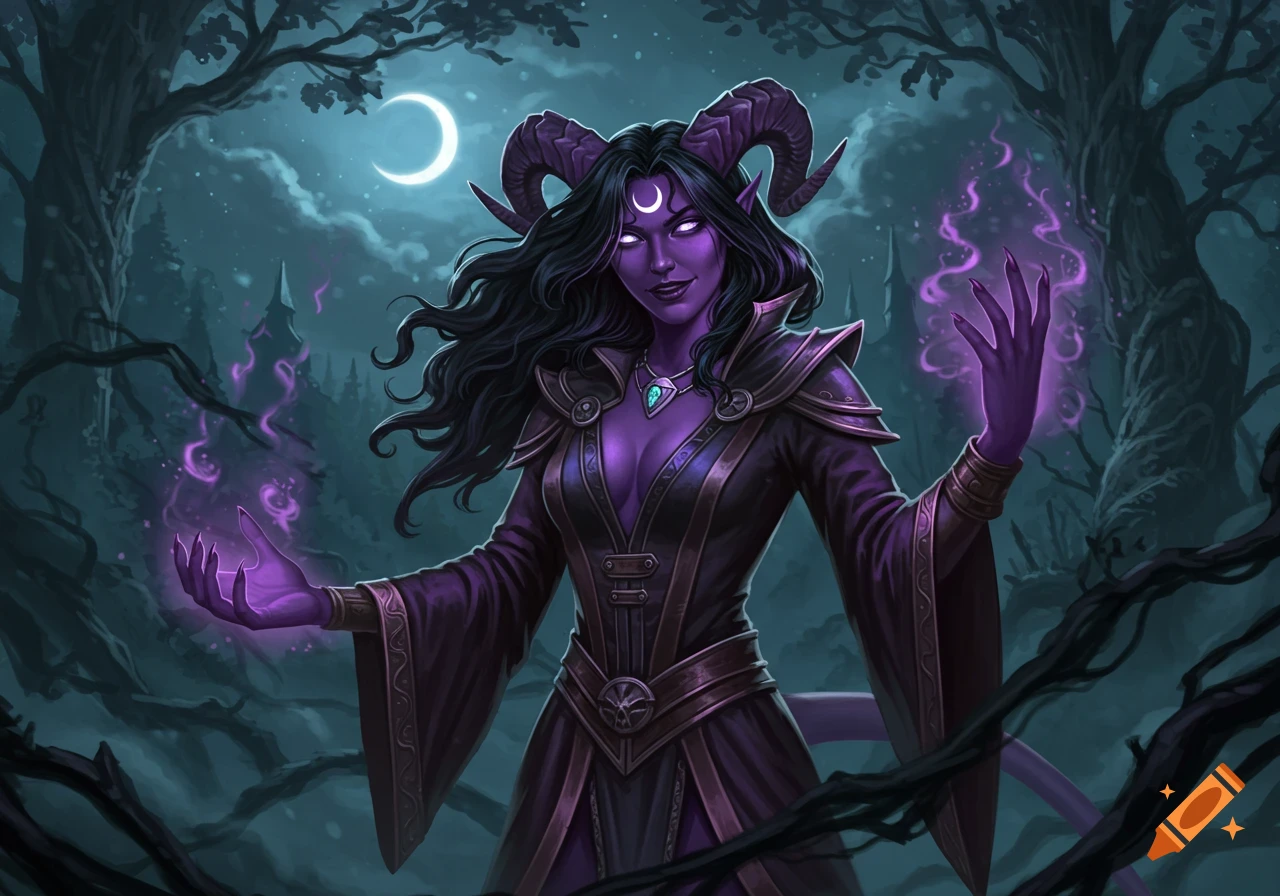 A female tiefling with purple skin, horns, and black curly hair in dark robes, casting purple magic in a moonlit forest.