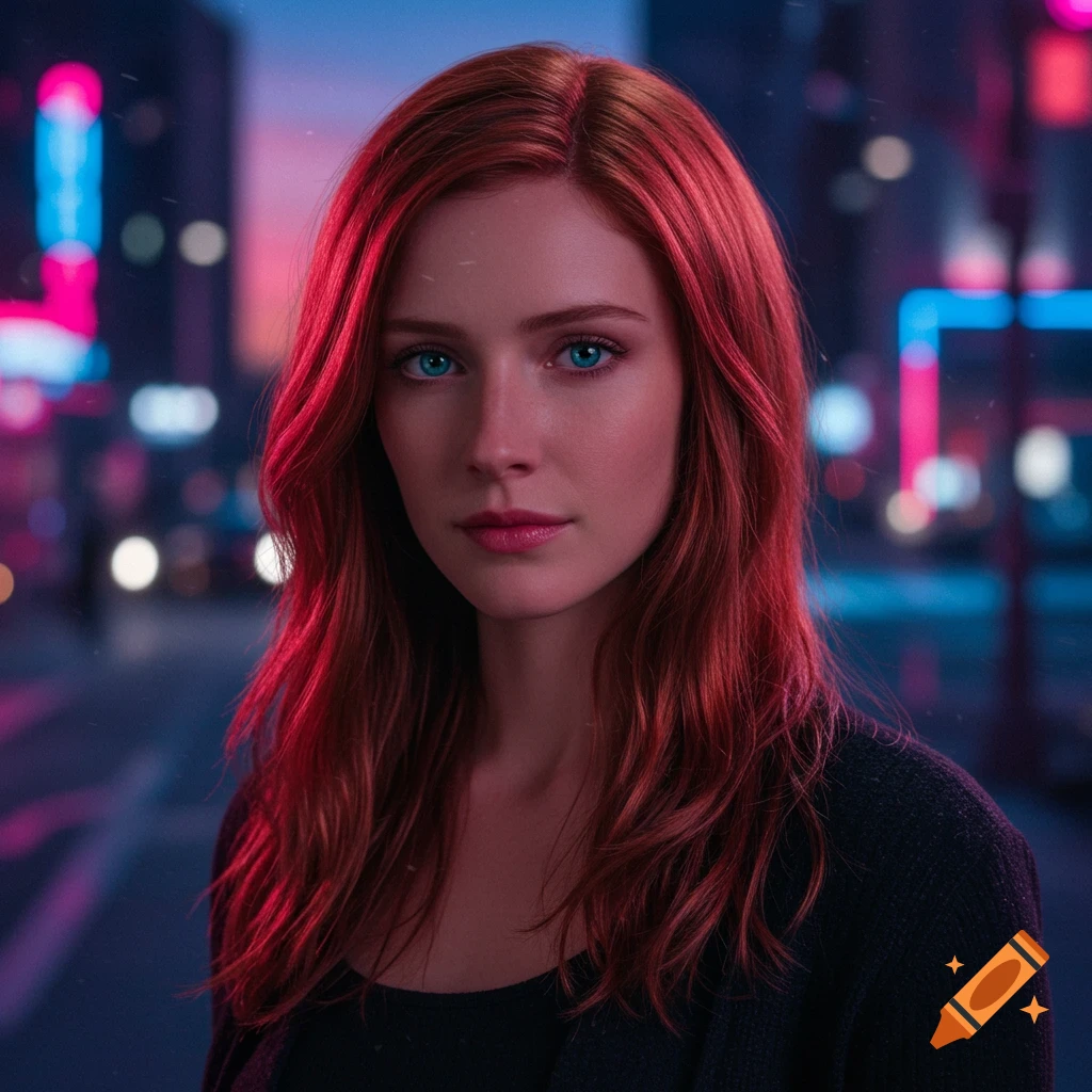 Photorealistic portrait of a woman with long red hair and bright blue eyes, gazing forward against a blurred city background with neon lights.