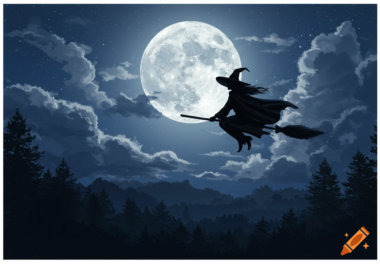 A silhouette of a witch flying on a broomstick across a large full moon in a starry night sky above a dark forest.