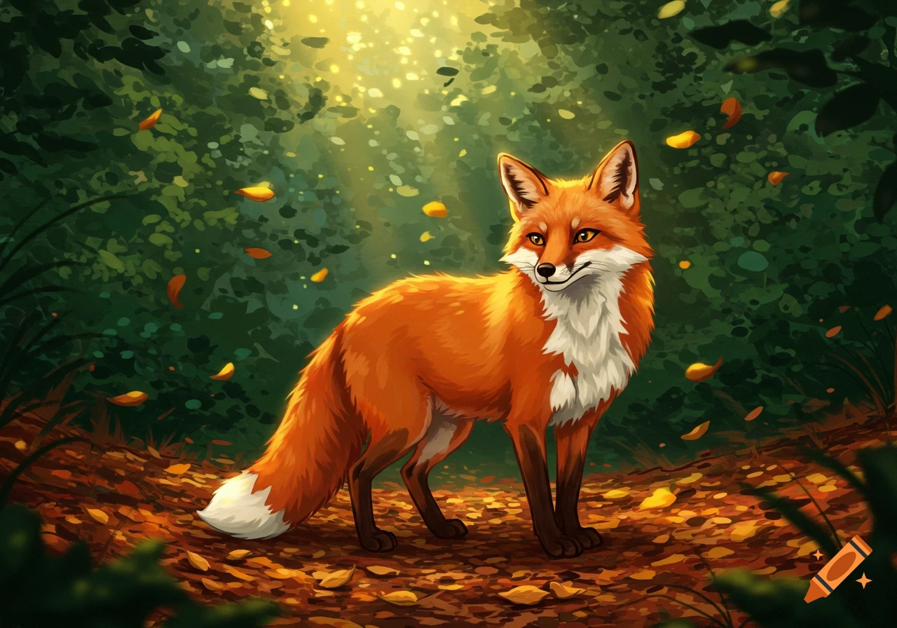 A stylized red fox with white markings stands in a sun-dappled forest with autumn leaves on the ground, looking right.