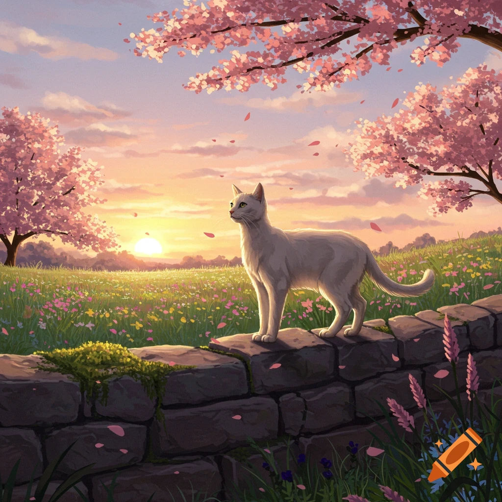 A white cat stands on a stone wall in a spring field with cherry blossoms, pink petals falling, and a bright sunset sky.