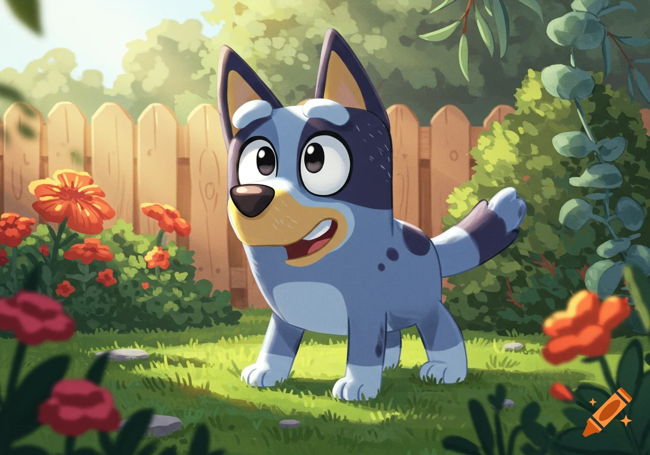 Bluey, the blue cartoon dog, stands in a sunny garden with a wooden fence and red and orange flowers.