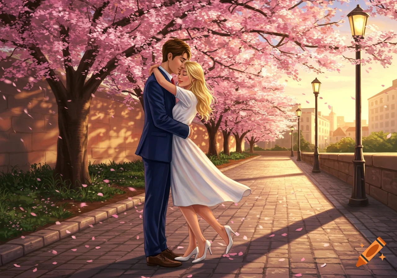 Illustrated romantic scene of a couple embracing under pink cherry blossom trees on a path during sunset.