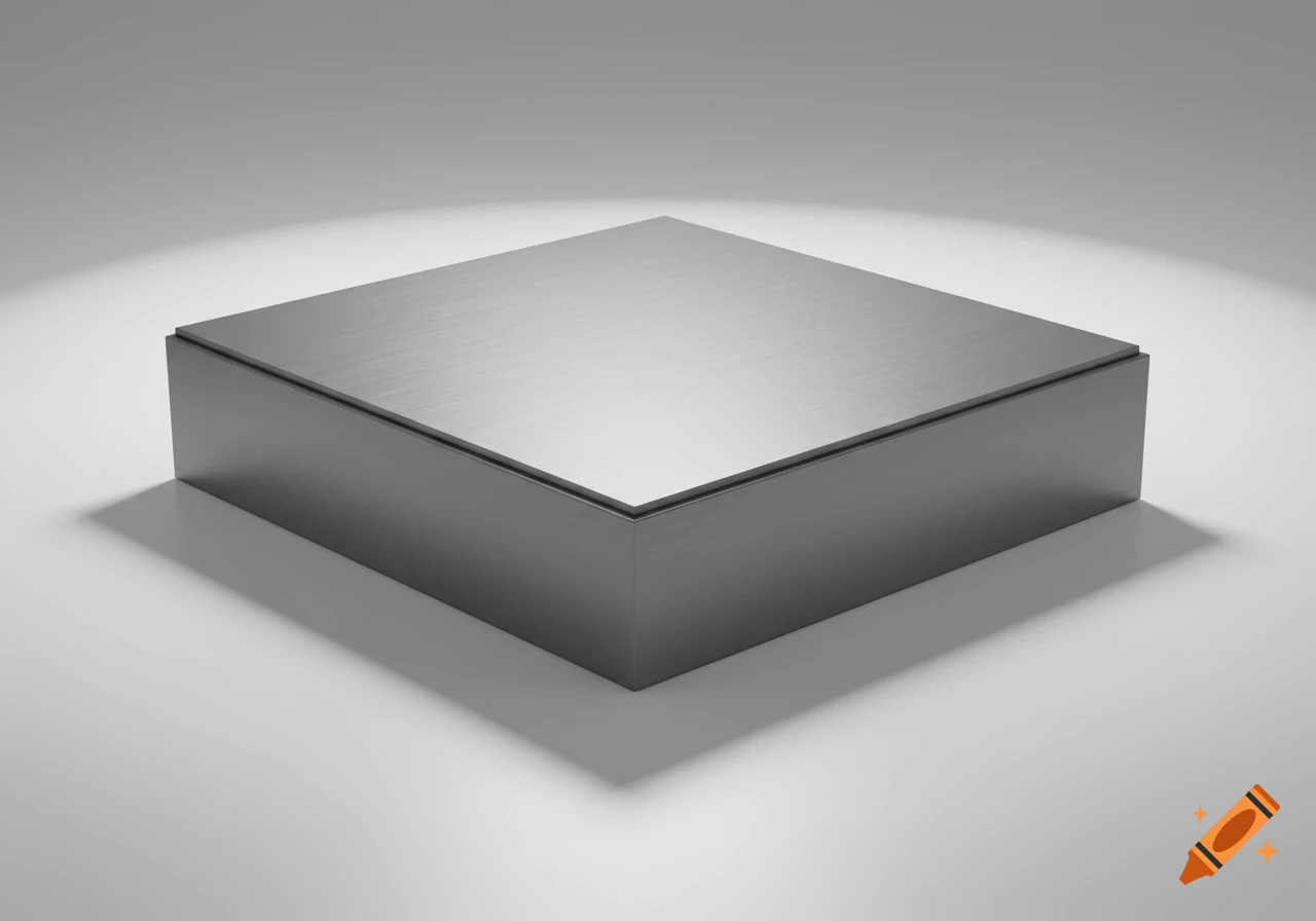 A square, brushed metallic box with a flat top sits on a white surface under a spotlight, casting a shadow.