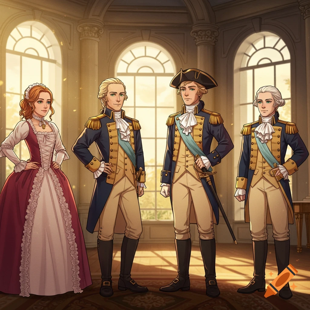 Four anime characters, a woman in a red gown and three men in historical military uniforms, stand in a grand hall.