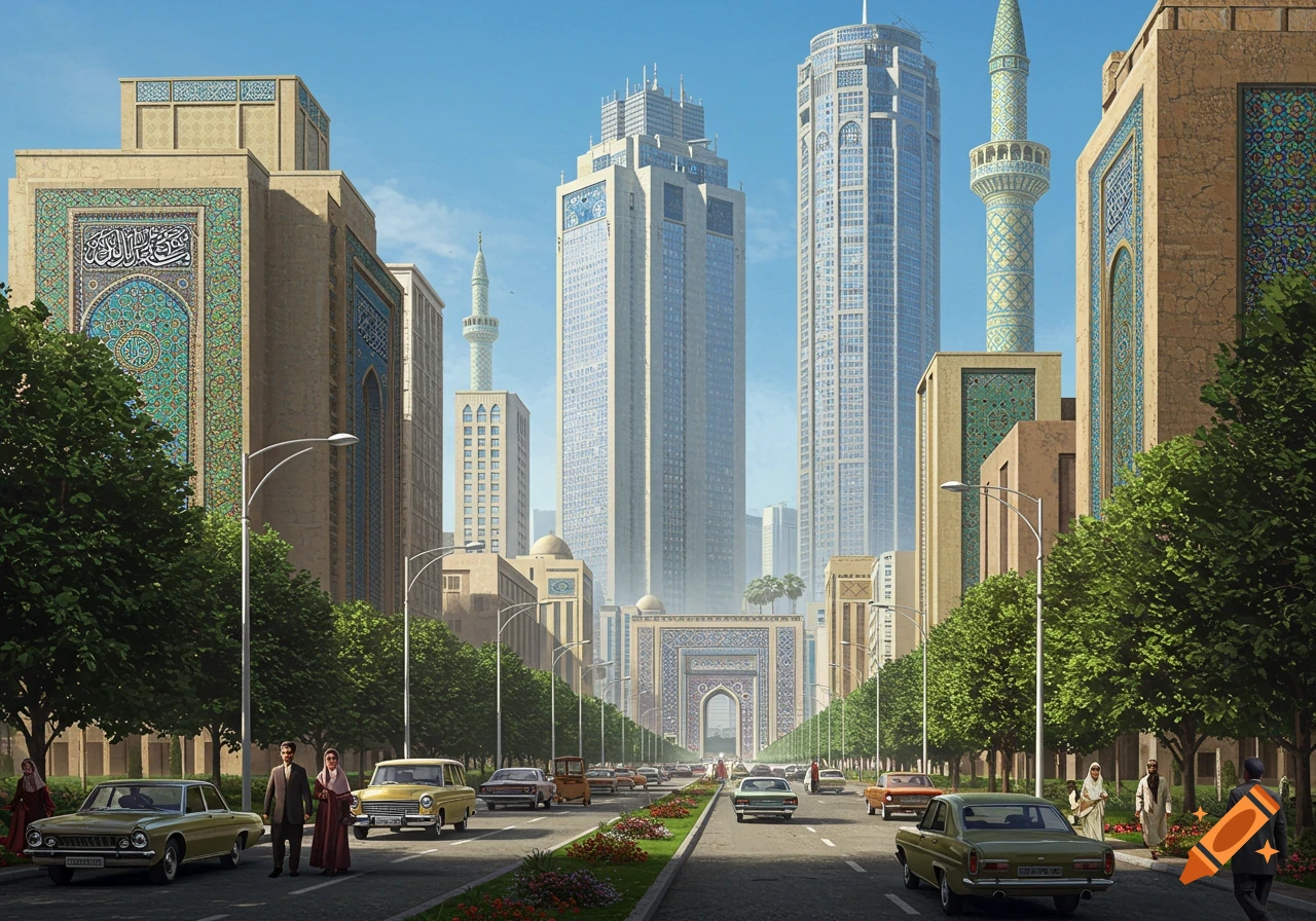 A bustling city street with tall modern buildings and traditional Iranian architecture, vintage cars, and pedestrians under a blue sky in a photorealistic style.