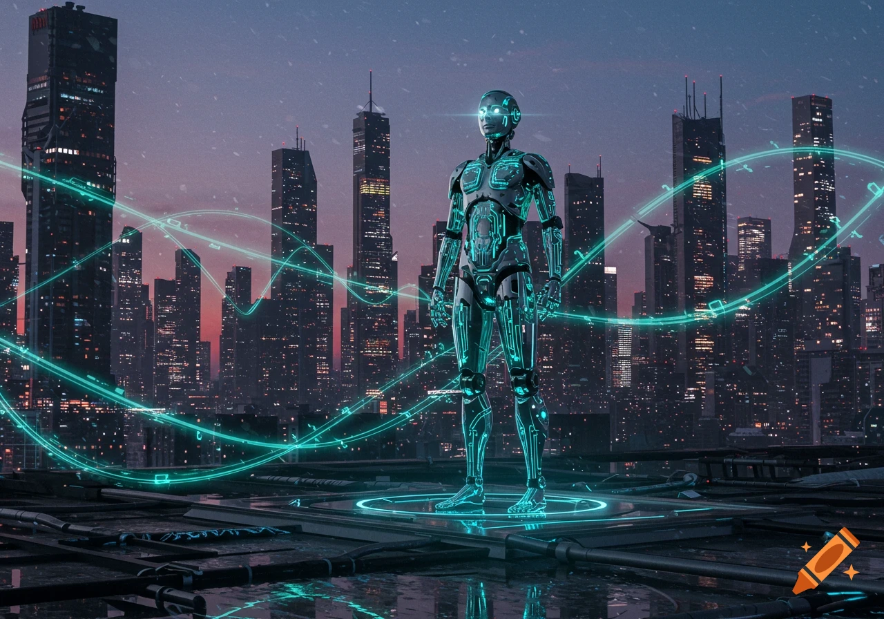 A metallic robot with glowing blue circuits stands on a platform in a futuristic city at dusk, surrounded by glowing data lines.