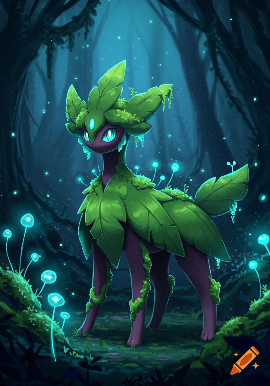 A purple, leaf-covered fantasy creature with glowing teal eyes stands in a dark, magical forest with glowing blue mushrooms.