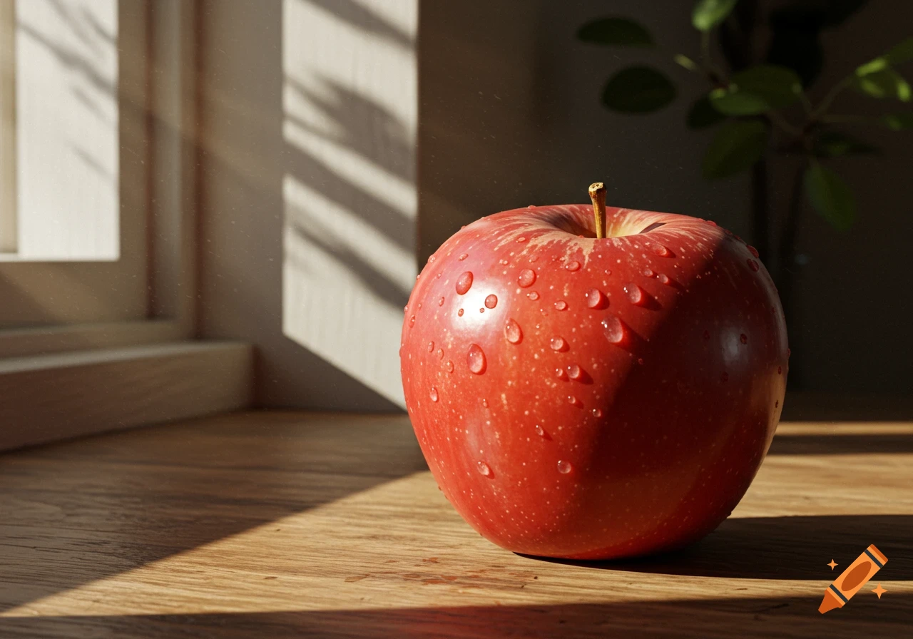 A vibrant red apple covered in water droplets rests on a sunlit wooden surface, with window shadows in the background.